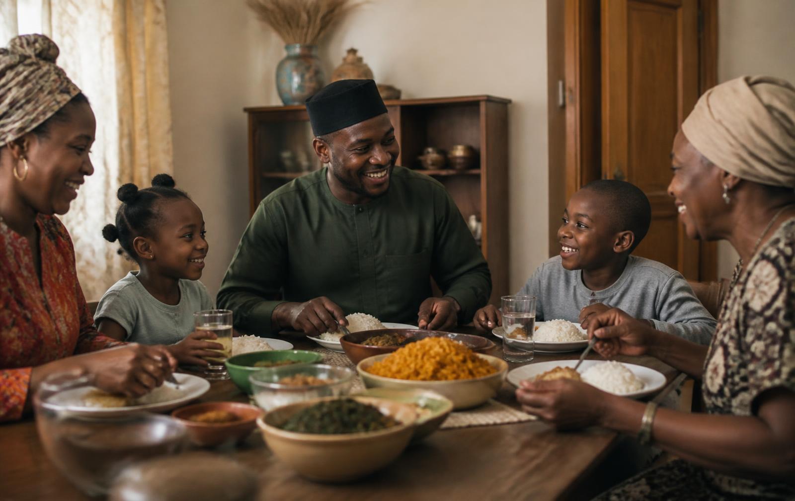 A family sharing a meal prepared with JaneChuks Mixed Spices