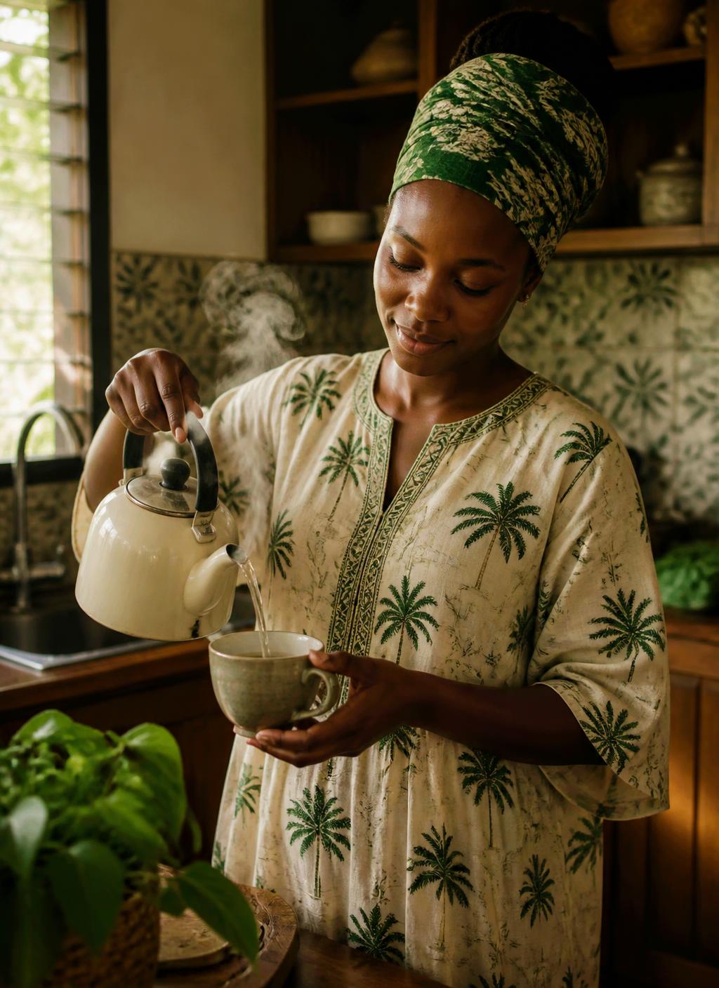 A woman pouring a freshly brewed JaneChuks spice blend into a cup in a home kitchen