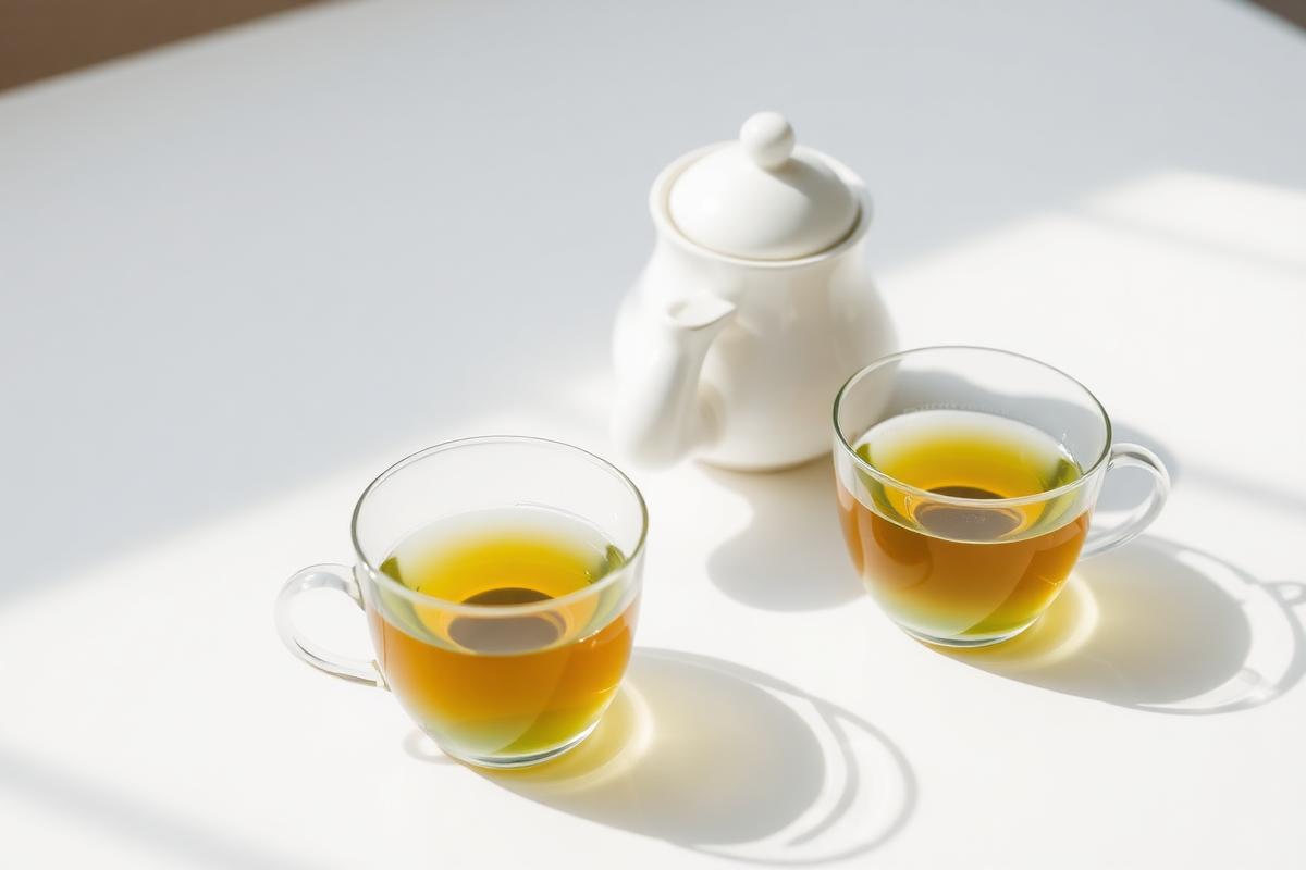 Teapot and two glass cups of herbal tea in soft daylight