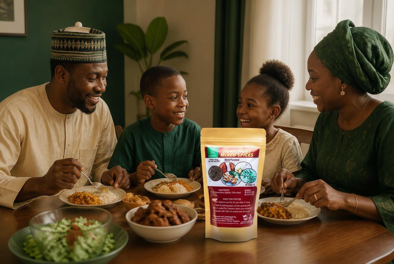 A family sharing a home-cooked meal with a JCMS spice pack on the table